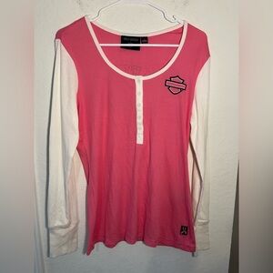 Harley Davidson Henley Shirt Womens Large Pink Y2K Colorblock Breast Cancer